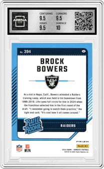 Brock Bowers from the 2024 Donruss set featuring a Pink parallel graded by Arena Club and given an overall grade of 10.