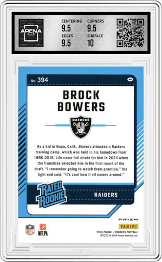 Brock Bowers from the 2024 Donruss set featuring a Pink parallel graded by Arena Club and given an overall grade of 10.
