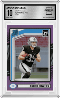 Brock Bowers from the 2024 Donruss set featuring a Pink parallel graded by Arena Club and given an overall grade of 10.