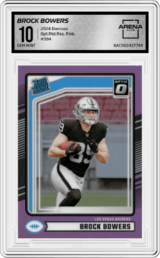 Brock Bowers from the 2024 Donruss set featuring a Pink parallel graded by Arena Club and given an overall grade of 10.