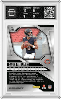 Caleb Williams from the 2024 Panini Prizm set featuring a Purple Pulsar parallel graded by Arena Club and given an overall grade of 9.5.