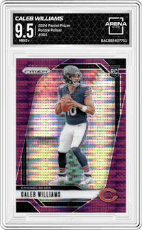 Caleb Williams from the 2024 Panini Prizm set featuring a Purple Pulsar parallel graded by Arena Club and given an overall grade of 9.5.