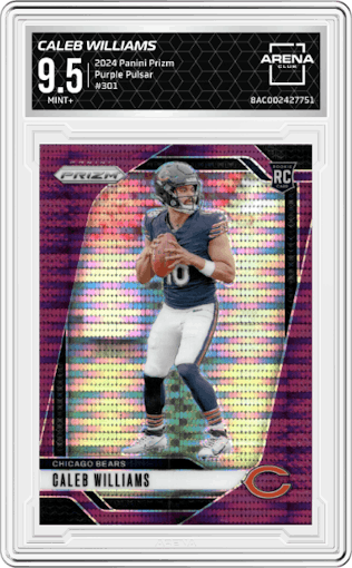 Caleb Williams from the 2024 Panini Prizm set featuring a Purple Pulsar parallel graded by Arena Club and given an overall grade of 9.5.