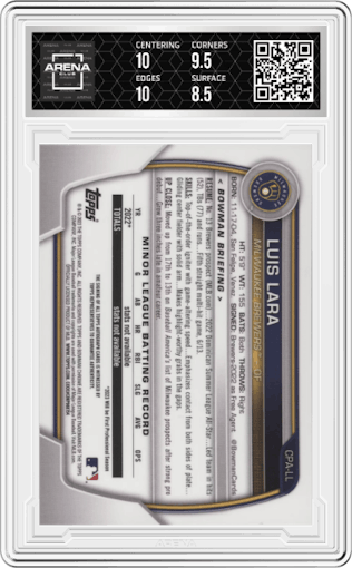 Luis Lara from the 2023 Bowman Chrome set graded by Arena Club and given an overall grade of 9.