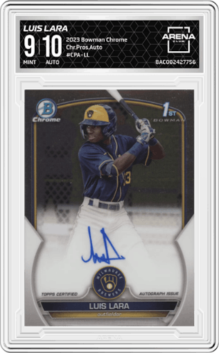 Luis Lara from the 2023 Bowman Chrome set graded by Arena Club and given an overall grade of 9.