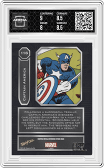 Captain America from the 2021 Skybox Marvel Metal Universe Spider-Man set graded by Arena Club and given an overall grade of 8.5.