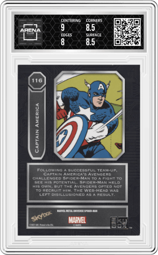 Captain America from the 2021 Skybox Marvel Metal Universe Spider-Man set graded by Arena Club and given an overall grade of 8.5.