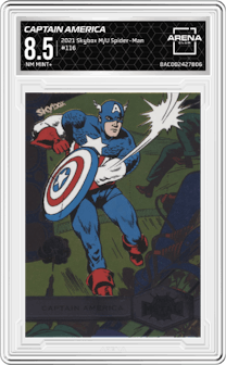 Captain America from the 2021 Skybox Marvel Metal Universe Spider-Man set graded by Arena Club and given an overall grade of 8.5.
