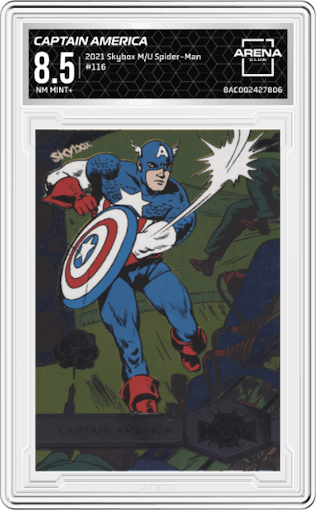 Captain America from the 2021 Skybox Marvel Metal Universe Spider-Man set graded by Arena Club and given an overall grade of 8.5.
