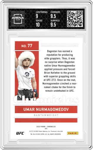Umar Nurmagomedov from the 2022 Panini Chronicles UFC set featuring a Gold parallel graded by Arena Club and given an overall grade of 9.5.