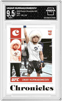 Umar Nurmagomedov from the 2022 Panini Chronicles UFC set featuring a Gold parallel graded by Arena Club and given an overall grade of 9.5.