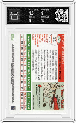 Rickey Henderson from the 2020 Topps Archives set featuring a Purple parallel graded by Arena Club and given an overall grade of 9.5.