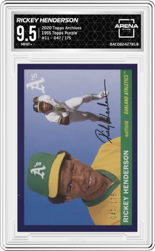 Rickey Henderson from the 2020 Topps Archives set featuring a Purple parallel graded by Arena Club and given an overall grade of 9.5.