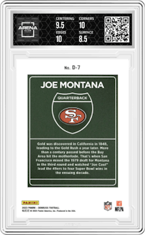 Joe Montana from the 2023 Panini Donruss set graded by Arena Club and given an overall grade of 9.