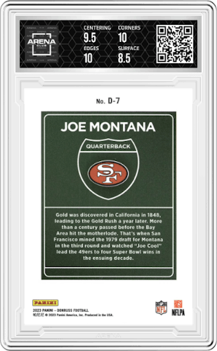 Joe Montana from the 2023 Panini Donruss set graded by Arena Club and given an overall grade of 9.