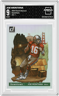 Joe Montana from the 2023 Panini Donruss set graded by Arena Club and given an overall grade of 9.