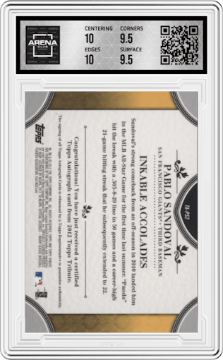 Pablo Sandoval from the 2012 Topps Tribute set featuring a Orange parallel graded by Arena Club and given an overall grade of 10.