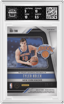 Tyler Kolek from the 2024-25 Panini Prizm set featuring a Gold Shimmer Prizms FOTL parallel graded by Arena Club and given an overall grade of 9.