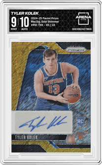 Tyler Kolek from the 2024-25 Panini Prizm set featuring a Gold Shimmer Prizms FOTL parallel graded by Arena Club and given an overall grade of 9.