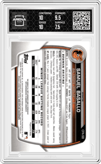 Samuel Basallo from the 2023 Bowman Chrome set featuring a Refractor parallel and given an overall grade of 8.