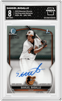 Samuel Basallo from the 2023 Bowman Chrome set featuring a Refractor parallel and given an overall grade of 8.