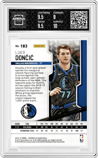 Luka Doncic from the 2018-19 Panini Chronicles set graded by Arena Club and given an overall grade of 9.5.