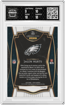 Jalen Hurts from the 2020 Panini Select set featuring a Silver Prizm parallel graded by Arena Club and given an overall grade of 9.5.