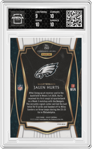 Jalen Hurts from the 2020 Panini Select set featuring a Silver Prizm parallel graded by Arena Club and given an overall grade of 9.5.