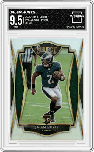 Jalen Hurts from the 2020 Panini Select set featuring a Silver Prizm parallel graded by Arena Club and given an overall grade of 9.5.