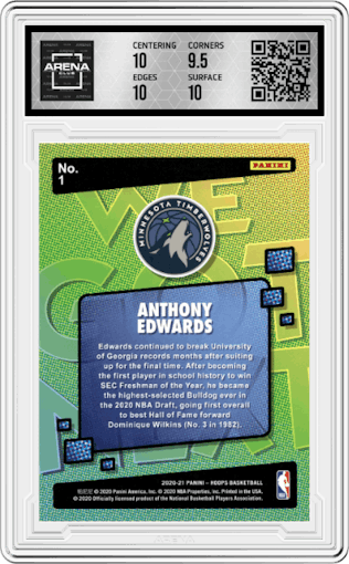 Anthony Edwards from the 2020-21 Panini NBA Hoops set graded by Arena Club and given an overall grade of 10.