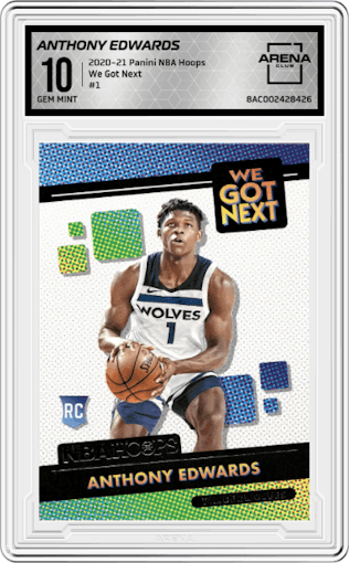 Anthony Edwards from the 2020-21 Panini NBA Hoops set graded by Arena Club and given an overall grade of 10.