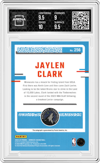 Jaylen Clark from the 2023-24 Panini Donruss set featuring a  Choice  parallel graded by Arena Club and given an overall grade of 9.5.