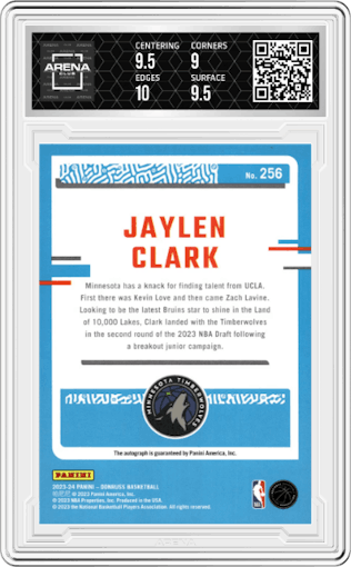 Jaylen Clark from the 2023-24 Panini Donruss set featuring a  Choice  parallel graded by Arena Club and given an overall grade of 9.5.