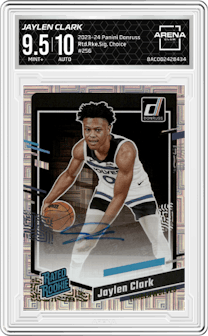 Jaylen Clark from the 2023-24 Panini Donruss set featuring a  Choice  parallel graded by Arena Club and given an overall grade of 9.5.