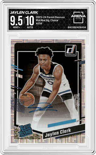 Jaylen Clark from the 2023-24 Panini Donruss set featuring a  Choice  parallel graded by Arena Club and given an overall grade of 9.5.