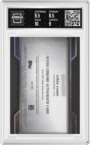 Robin Yount from the 2024 Topps Diamond Icons set featuring a Green parallel graded by Arena Club and given an overall grade of 9.