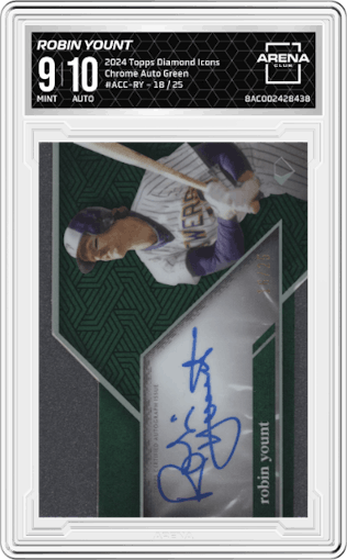 Robin Yount from the 2024 Topps Diamond Icons set featuring a Green parallel graded by Arena Club and given an overall grade of 9.