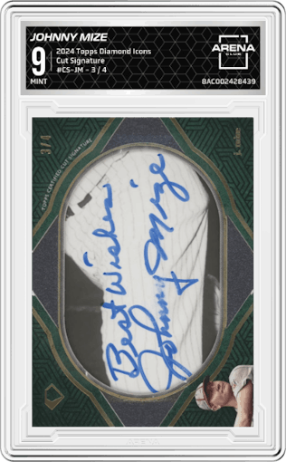 Johnny Mize from the 2024 Topps Diamond Icons set graded by Arena Club and given an overall grade of 9.