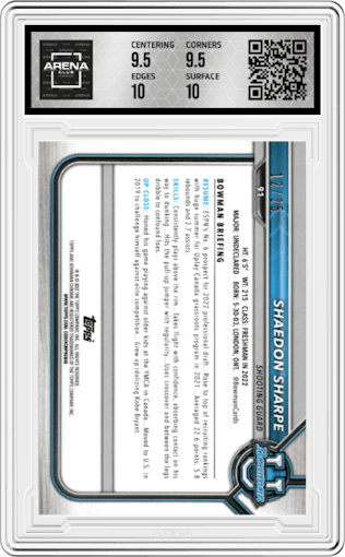 Shaedon Sharpe from the 2021-22 Bowman University set featuring a Orange parallel graded by Arena Club and given an overall grade of 10.