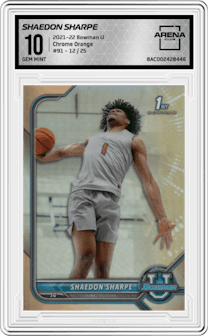 Shaedon Sharpe from the 2021-22 Bowman University set featuring a Orange parallel graded by Arena Club and given an overall grade of 10.