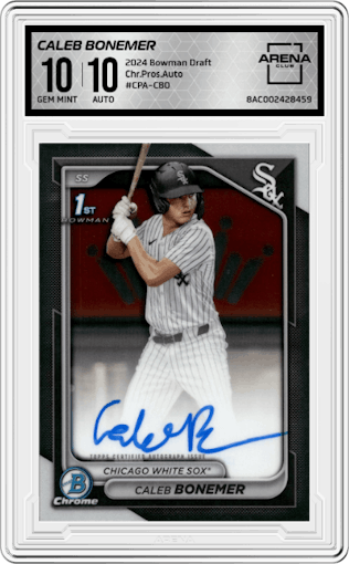 Caleb Bonemer  from the 2024 Bowman Draft set graded by Arena Club and given an overall grade of 10.