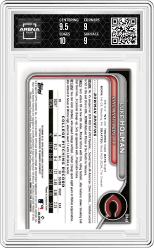 Luke Holman from the 2024 Bowman Draft set graded by Arena Club and given an overall grade of 9.5.