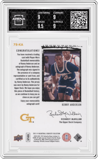 Kenny Anderson  from the 2013-14 Upper Deck Exquisite set graded by Arena Club and given an overall grade of 9.
