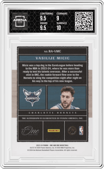 Vasilije Micic from the 2023-24 Panini One and One set featuring a Blue parallel graded by Arena Club and given an overall grade of 9.5.