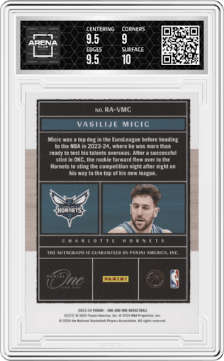 Vasilije Micic from the 2023-24 Panini One and One set featuring a Blue parallel graded by Arena Club and given an overall grade of 9.5.