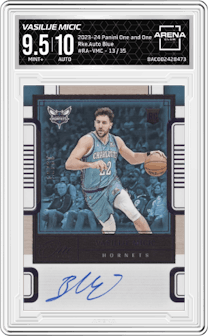 Vasilije Micic from the 2023-24 Panini One and One set featuring a Blue parallel graded by Arena Club and given an overall grade of 9.5.
