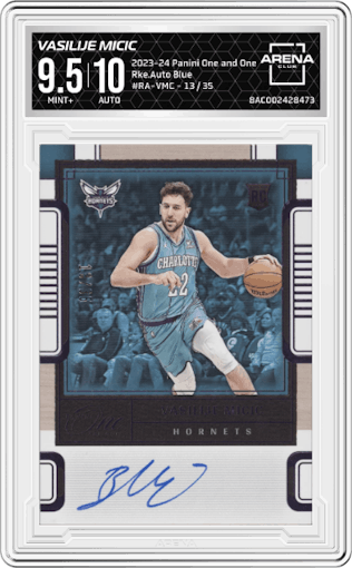 Vasilije Micic from the 2023-24 Panini One and One set featuring a Blue parallel graded by Arena Club and given an overall grade of 9.5.