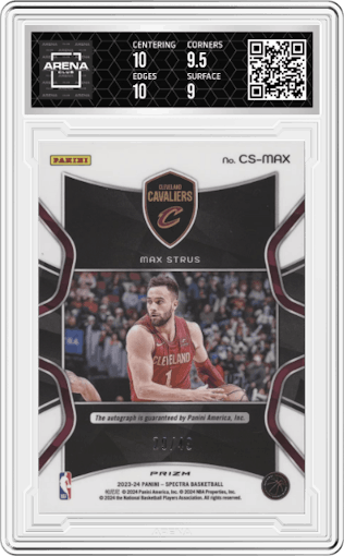 Max Strus from the 2023-24 Panini Spectra set featuring a Astral parallel graded by Arena Club and given an overall grade of 9.5.