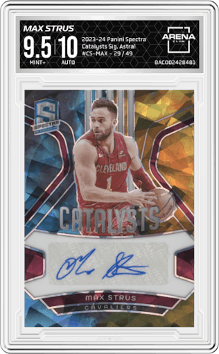 Max Strus from the 2023-24 Panini Spectra set featuring a Astral parallel graded by Arena Club and given an overall grade of 9.5.