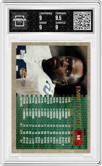 Emmitt Smith from the 1996 Topps Chrome set featuring a Refractor parallel graded by Arena Club and given an overall grade of 9.